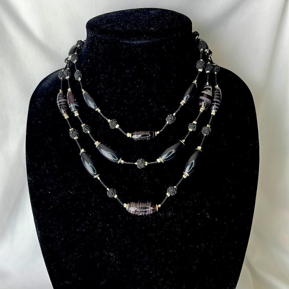 Three Layered Black Rope Necklace with Black and Silver-Tone Bead Necklace